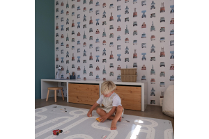 Playroom with work vehicles wallpaper
